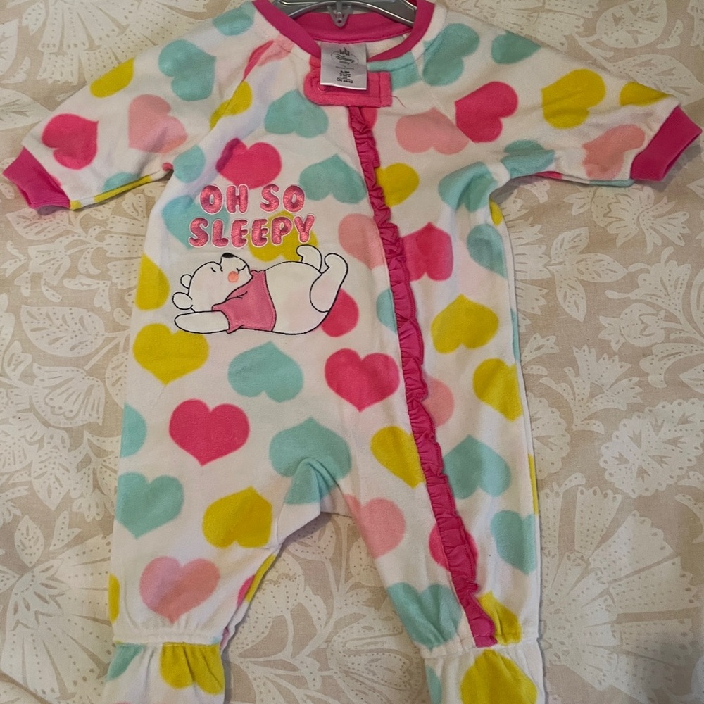 Disney Heart-Print Fleece One-Piece - White with Pink, Yellow & Teal Hearts
